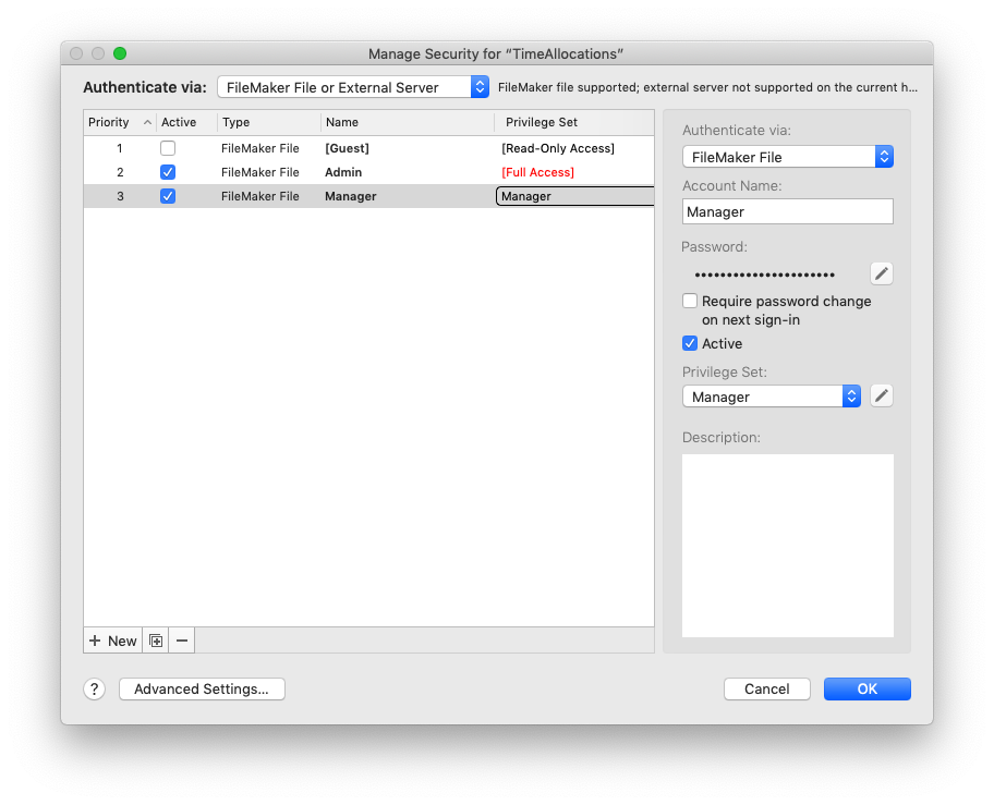 FileMaker 18's redesigned security interface